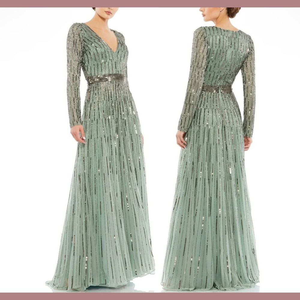 NWT $598 Mac Duggal [ 12 ] Sequined Illusion Long Sleeve A-line Gown Sage #J2471